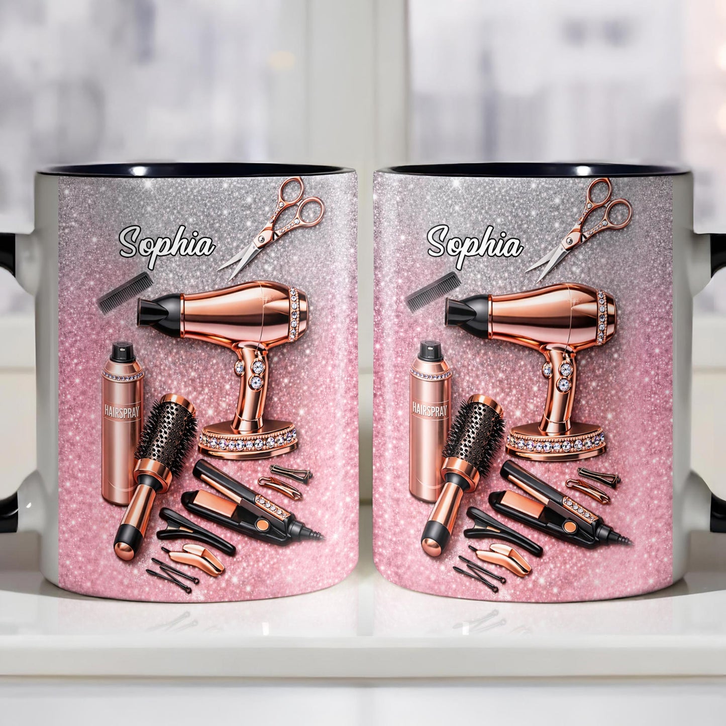 Stylist Tools and Sparkles Hair Dryer Scissors and Flat Iron - Personalized Custom Accent Mug - JBS112_AMUG