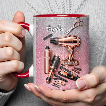 Stylist Tools and Sparkles Hair Dryer Scissors and Flat Iron - Personalized Custom Accent Mug - JBS112_AMUG