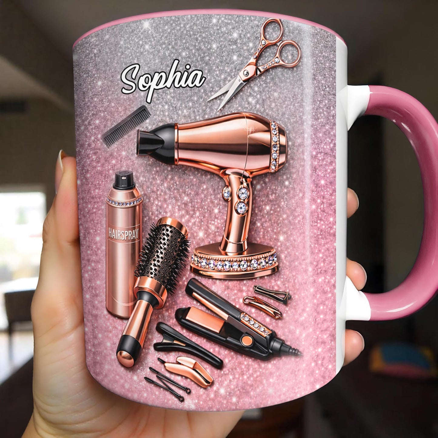 Stylist Tools and Sparkles Hair Dryer Scissors and Flat Iron - Personalized Custom Accent Mug - JBS112_AMUG