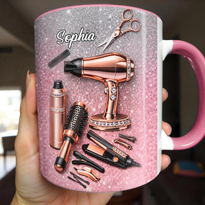 Stylist Tools and Sparkles Hair Dryer Scissors and Flat Iron - Personalized Custom Accent Mug - JBS112_AMUG