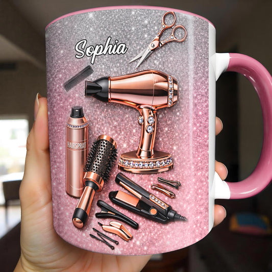 Stylist Tools and Sparkles Hair Dryer Scissors and Flat Iron - Personalized Custom Accent Mug - JBS112_AMUG