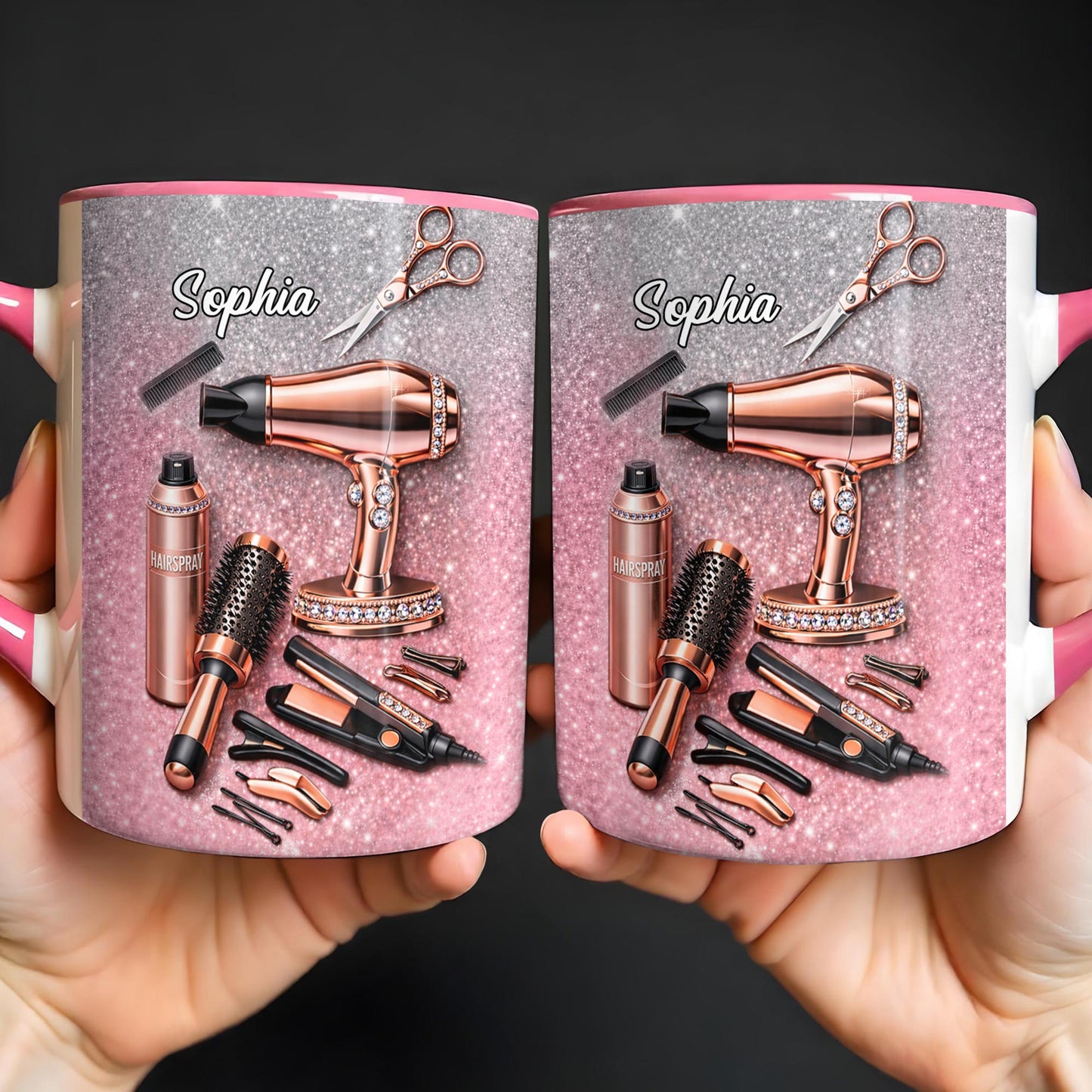 Stylist Tools and Sparkles Hair Dryer Scissors and Flat Iron - Personalized Custom Accent Mug - JBS112_AMUG