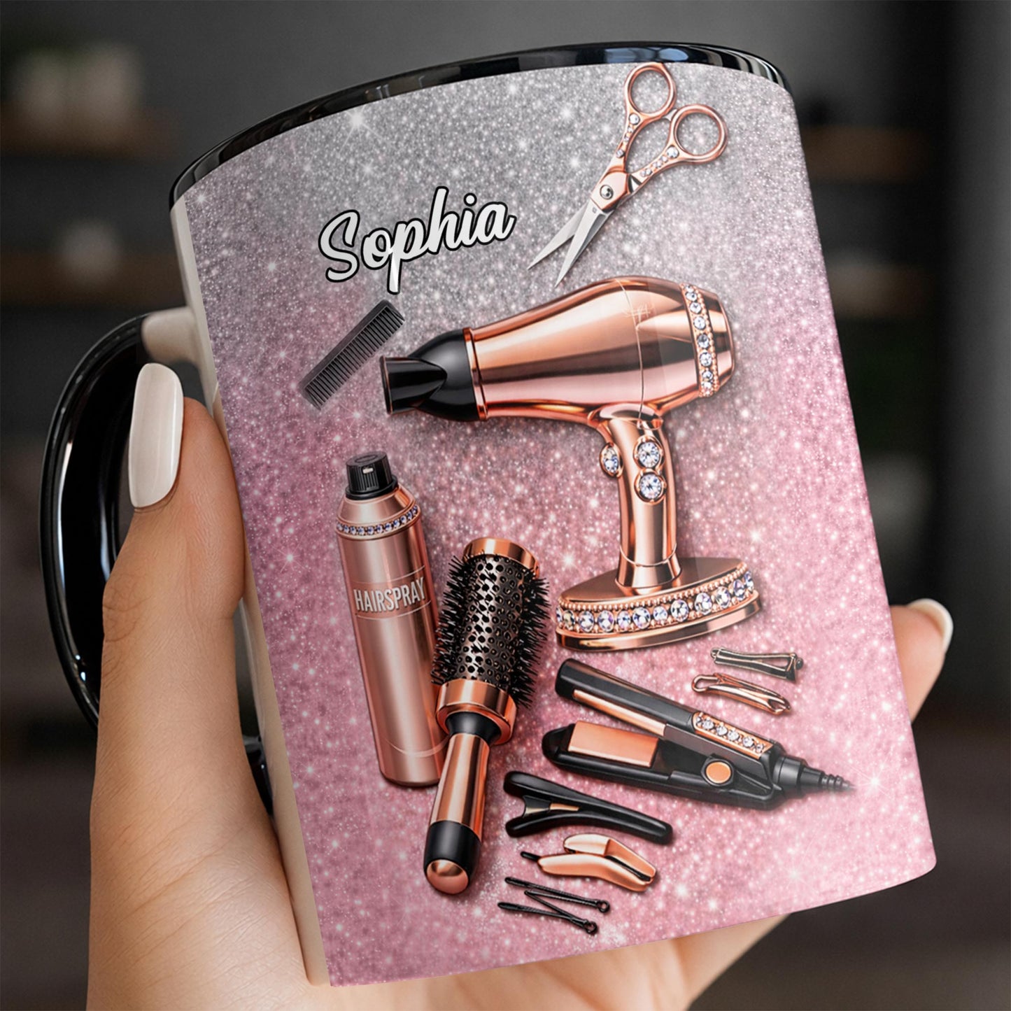Stylist Tools and Sparkles Hair Dryer Scissors and Flat Iron - Personalized Custom Accent Mug - JBS112_AMUG