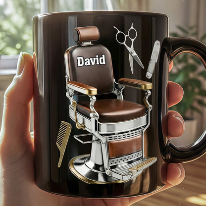 Master Barber At Your Service With Professional Barber Chair And Tools - Personalized Custom Black Mug - JBS120_BMUG