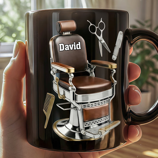 Master Barber At Your Service With Professional Barber Chair And Tools - Personalized Custom Black Mug - JBS120_BMUG