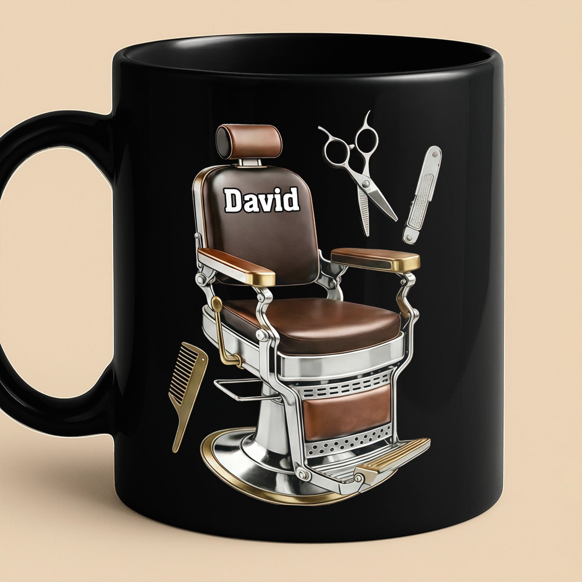 Master Barber At Your Service With Professional Barber Chair And Tools - Personalized Custom Black Mug - JBS120_BMUG
