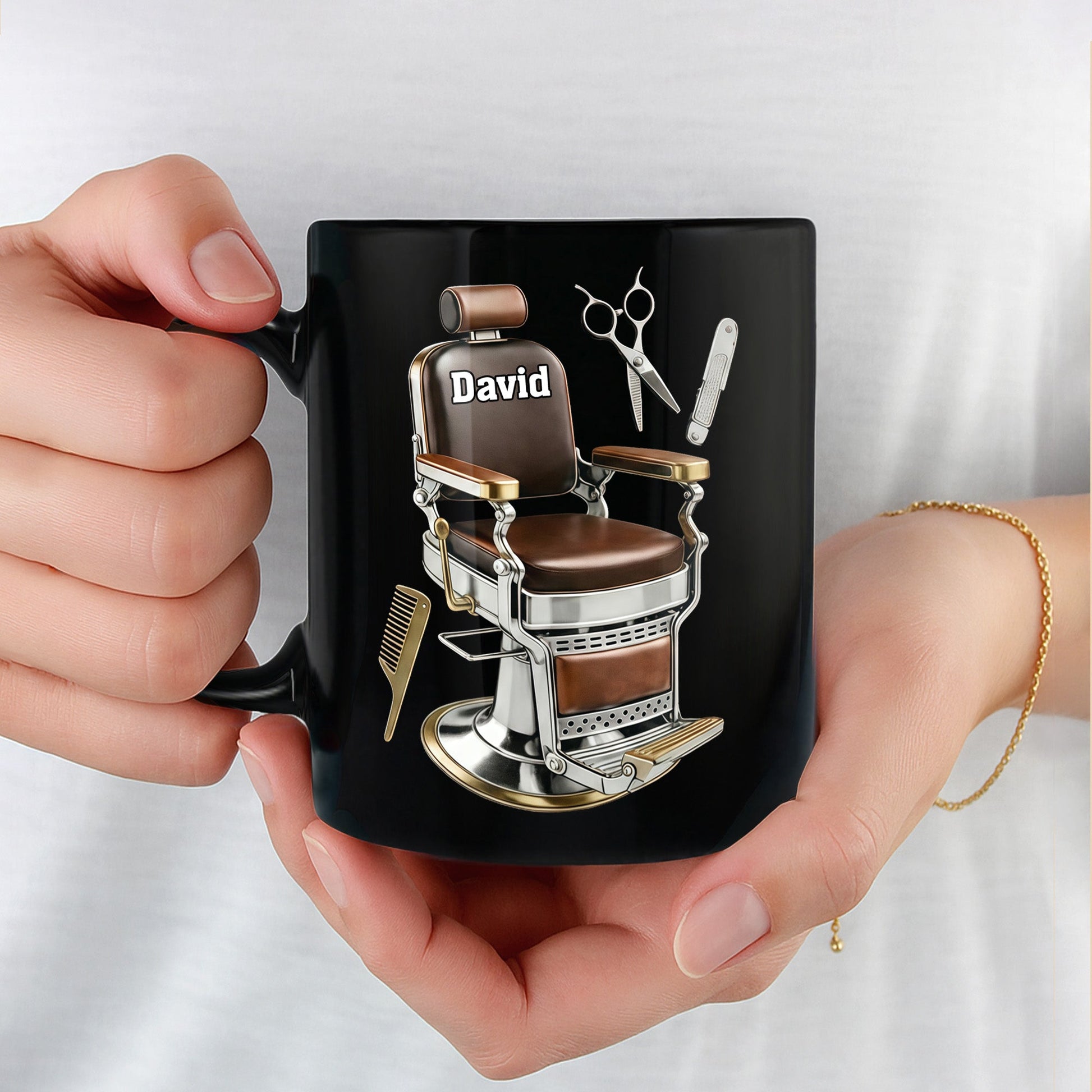 Master Barber At Your Service With Professional Barber Chair And Tools - Personalized Custom Black Mug - JBS120_BMUG