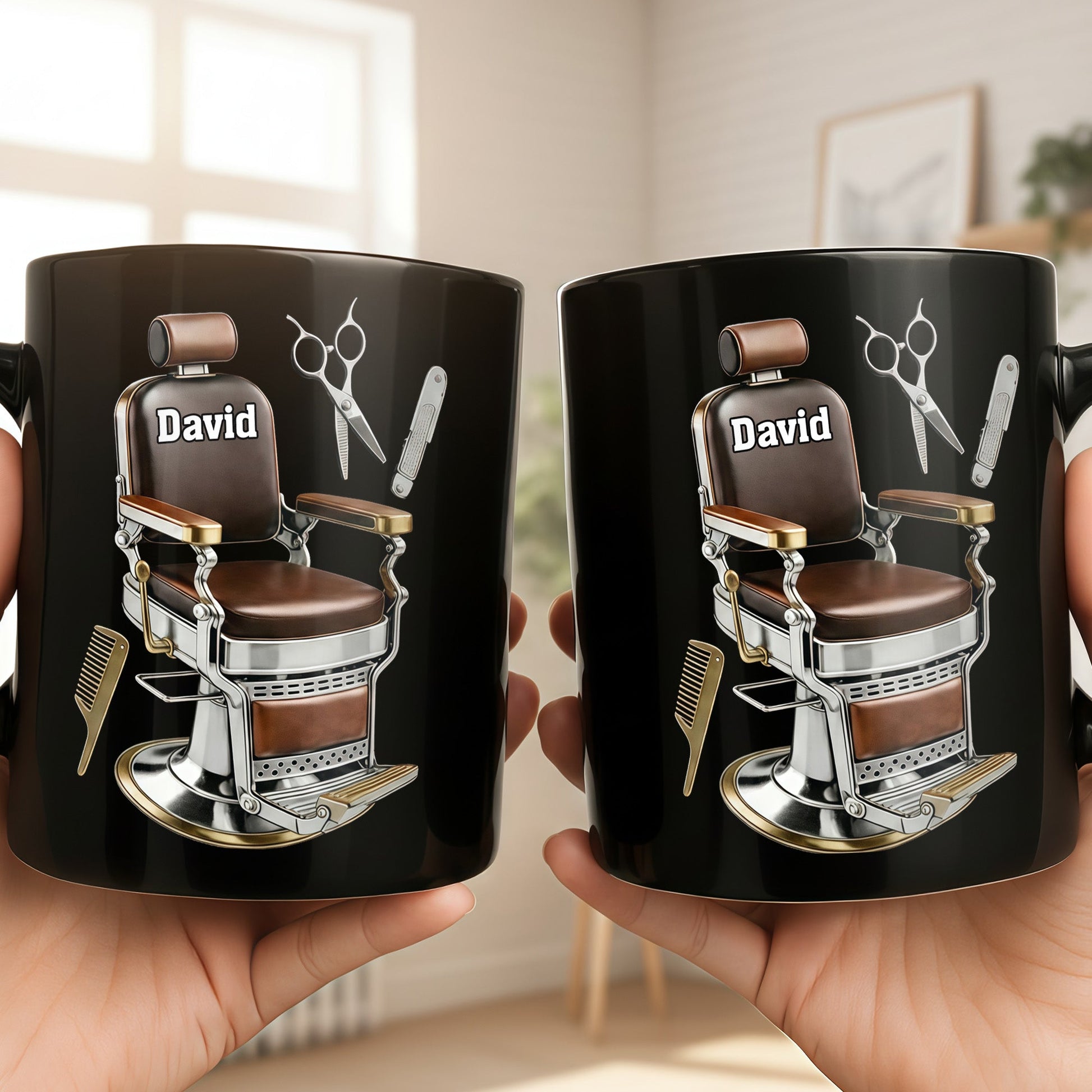 Master Barber At Your Service With Professional Barber Chair And Tools - Personalized Custom Black Mug - JBS120_BMUG