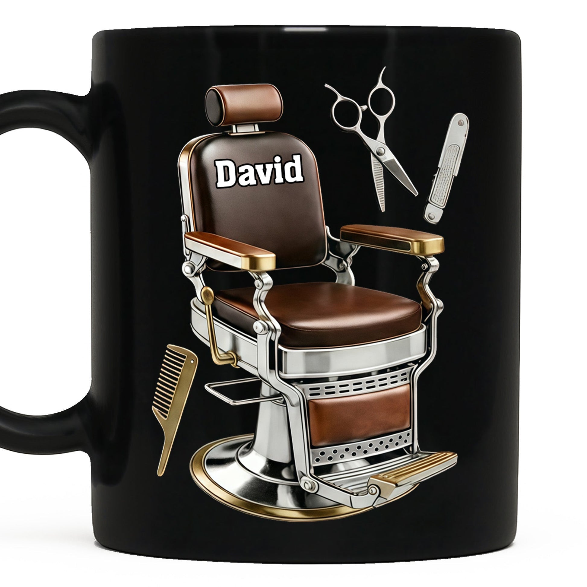 Master Barber At Your Service With Professional Barber Chair And Tools - Personalized Custom Black Mug - JBS120_BMUG