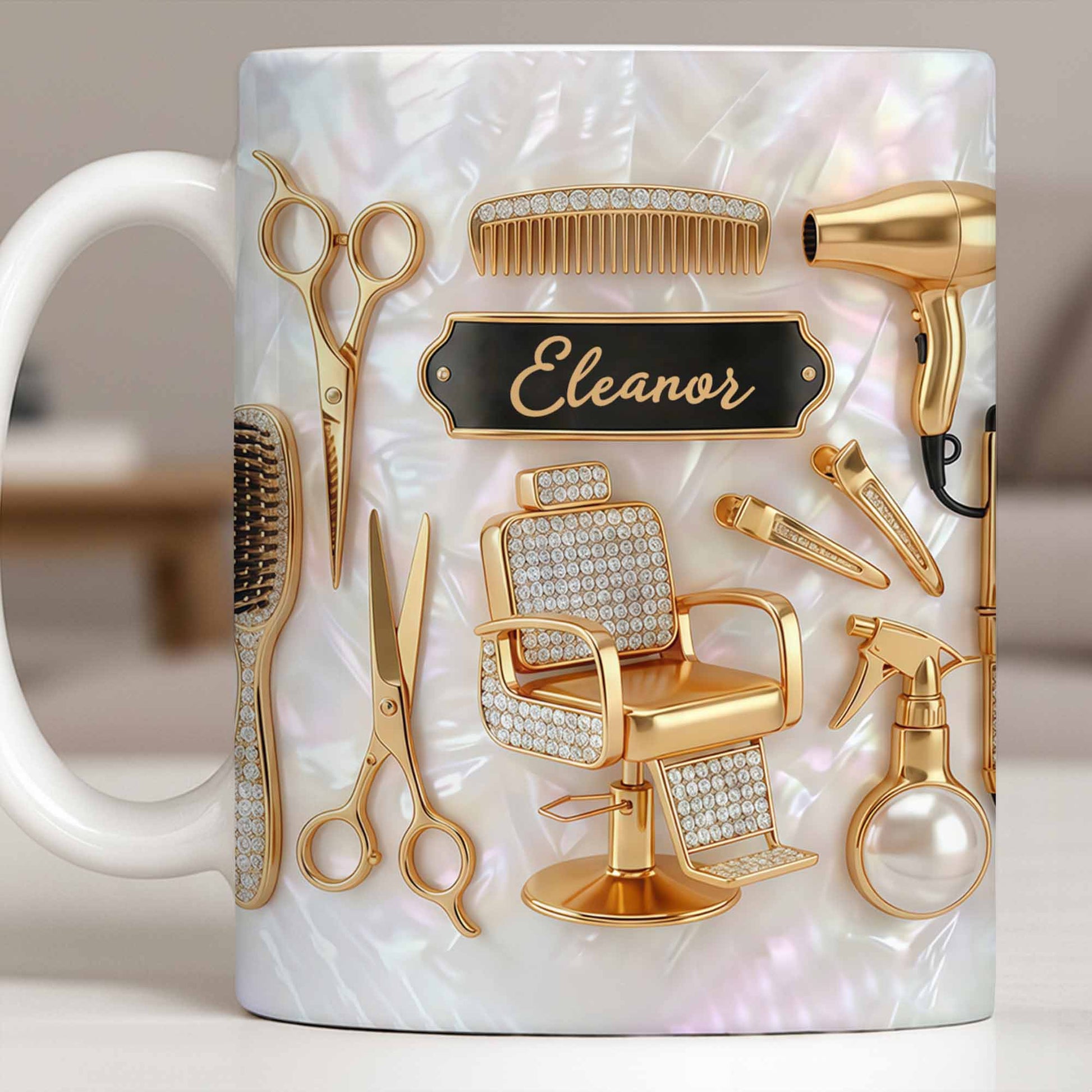 Master of Style Gold Salon Chair Scissors and Professional Hair Artistry - Personalized Custom Coffee Mug - JBS132_MG