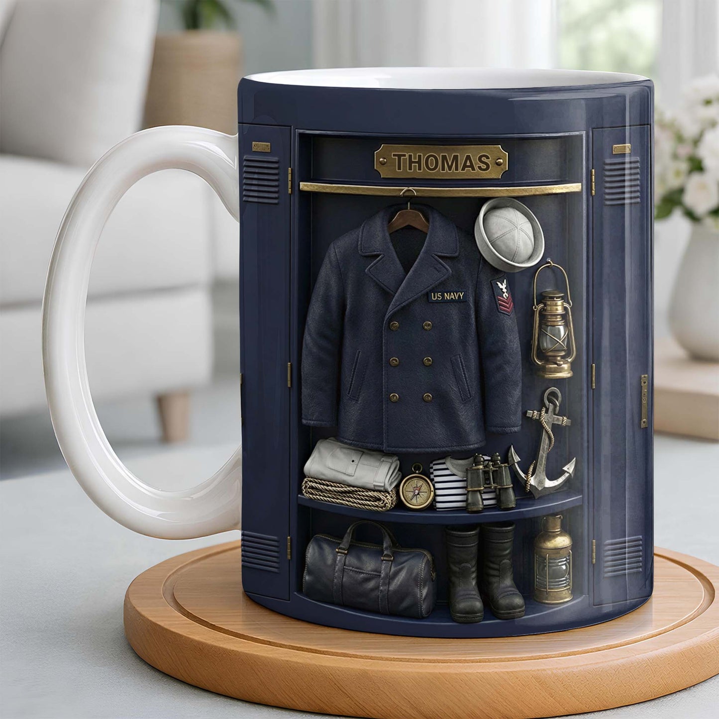 US Navy Locker With Uniform Anchor And Sailor Gear - Personalized Custom Coffee Mug - JBS142_MG