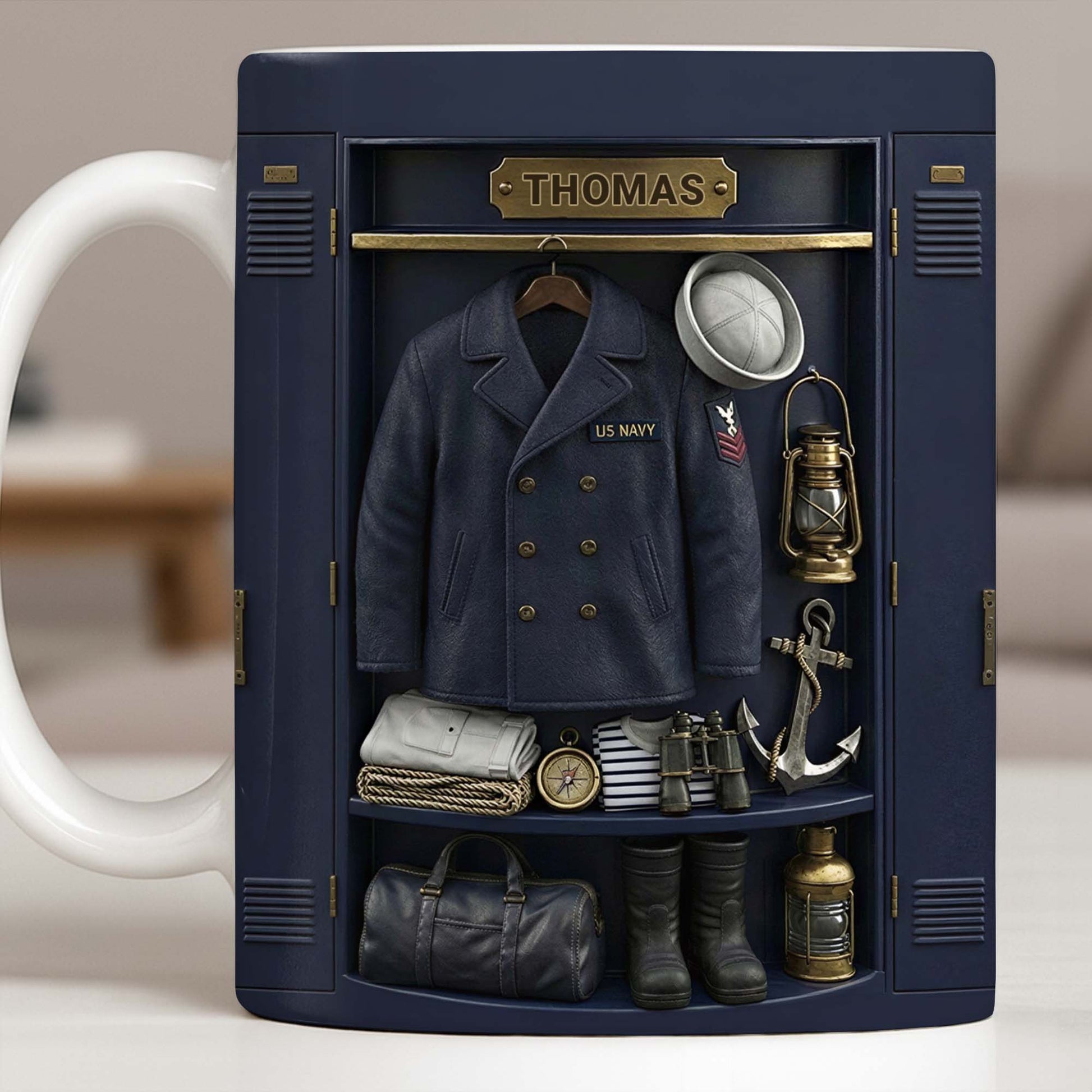 US Navy Locker With Uniform Anchor And Sailor Gear - Personalized Custom Coffee Mug - JBS142_MG