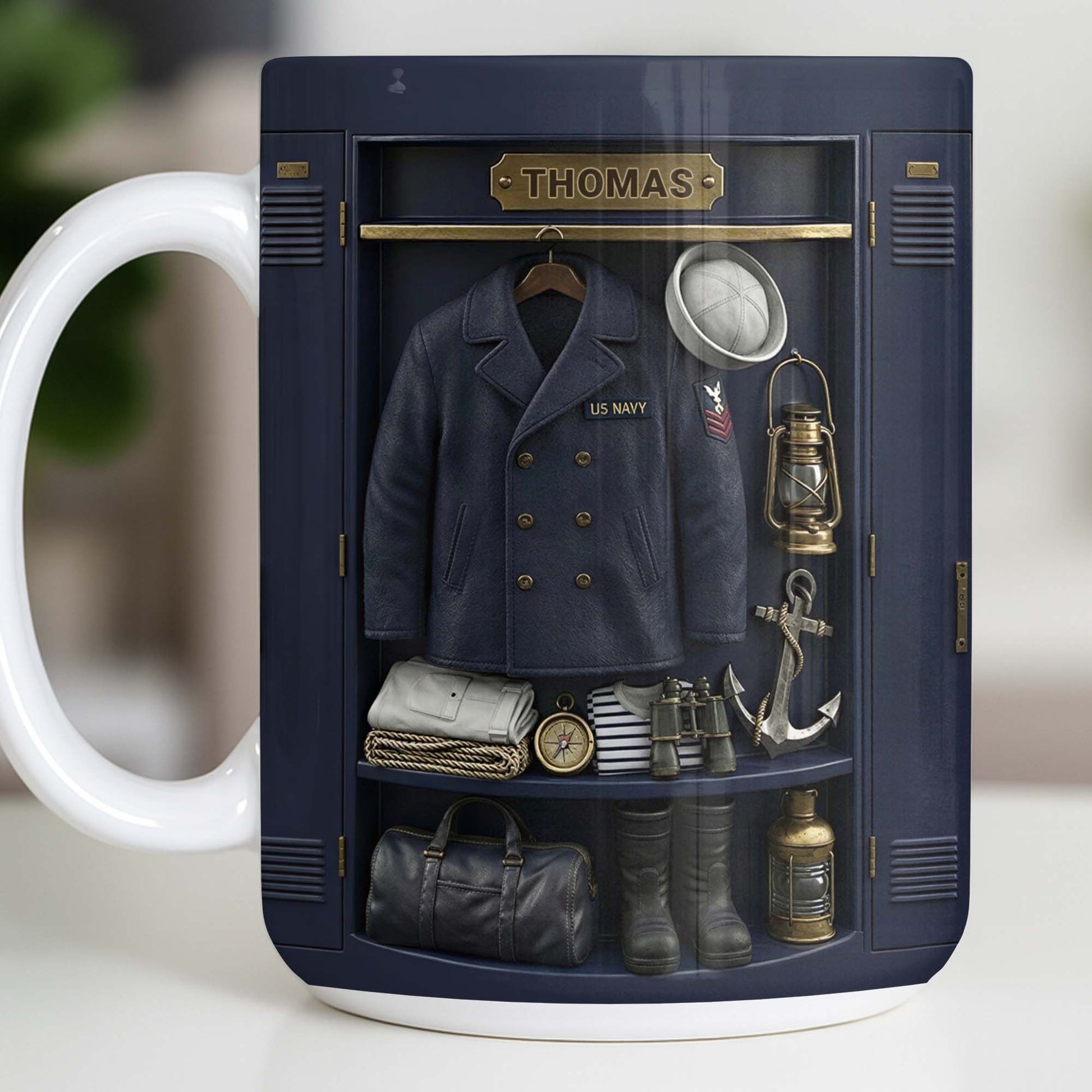 US Navy Locker With Uniform Anchor And Sailor Gear - Personalized Custom Coffee Mug - JBS142_MG