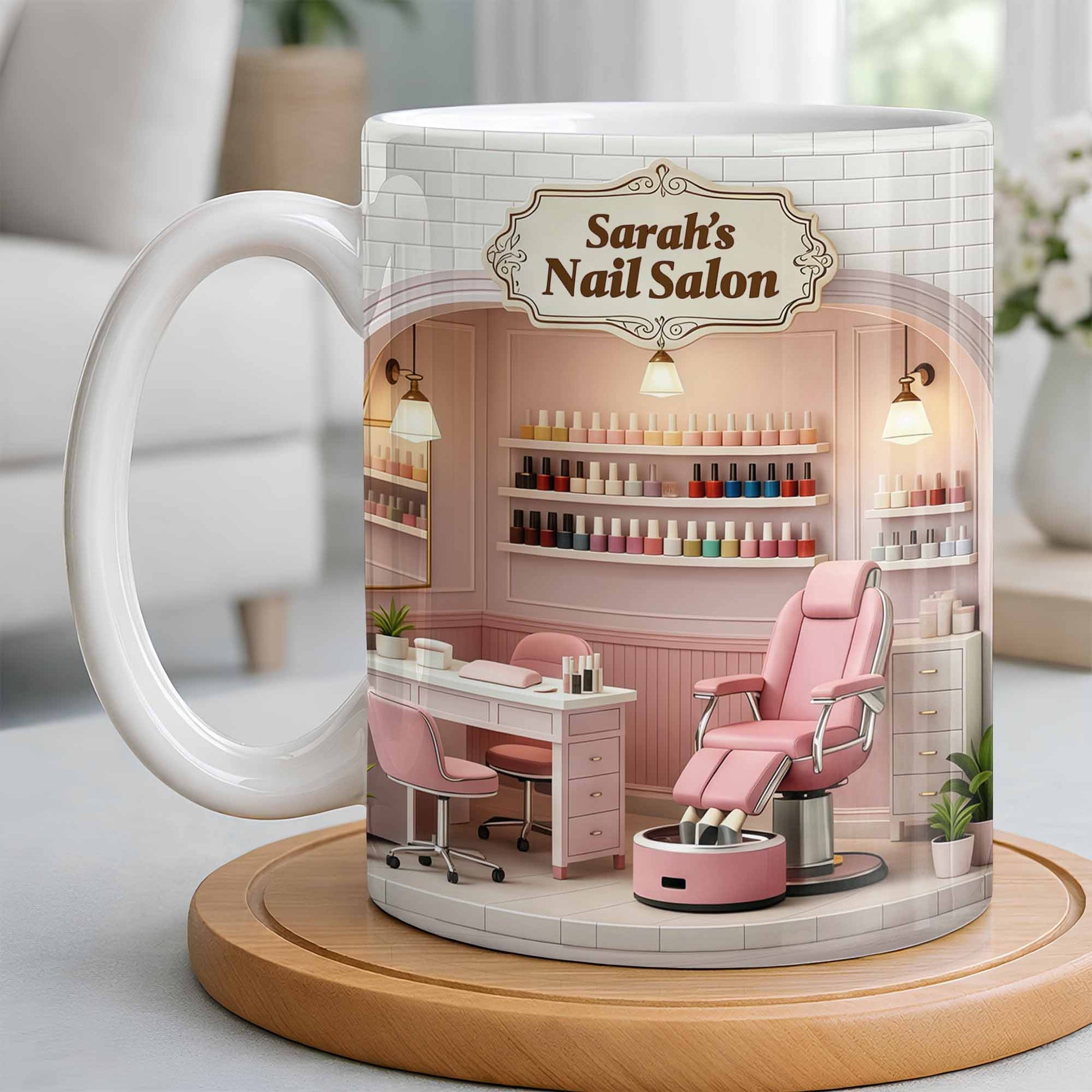 Nail Salon Custom Interior With Pink Pedicure Chair And Polish Shelves - Personalized Custom Coffee Mug - JBS152_MG