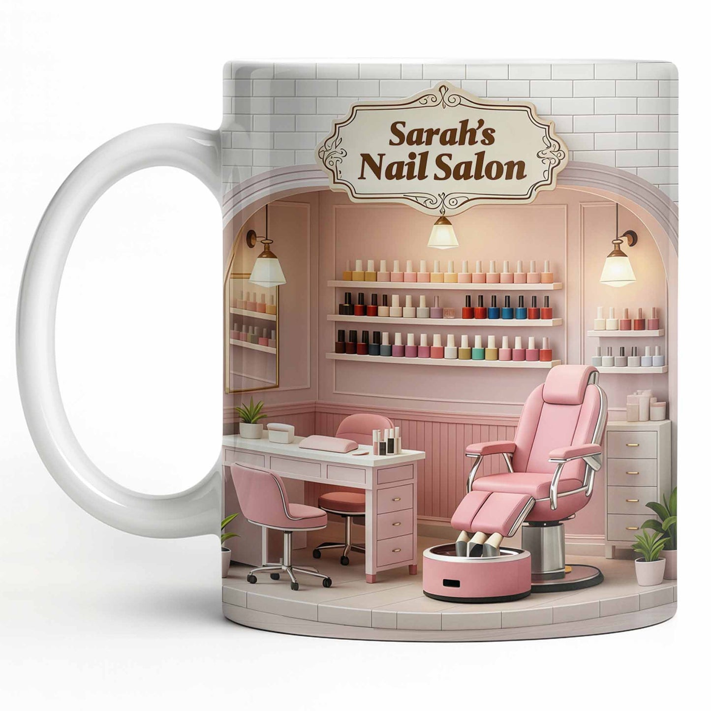 Nail Salon Custom Interior With Pink Pedicure Chair And Polish Shelves - Personalized Custom Coffee Mug - JBS152_MG