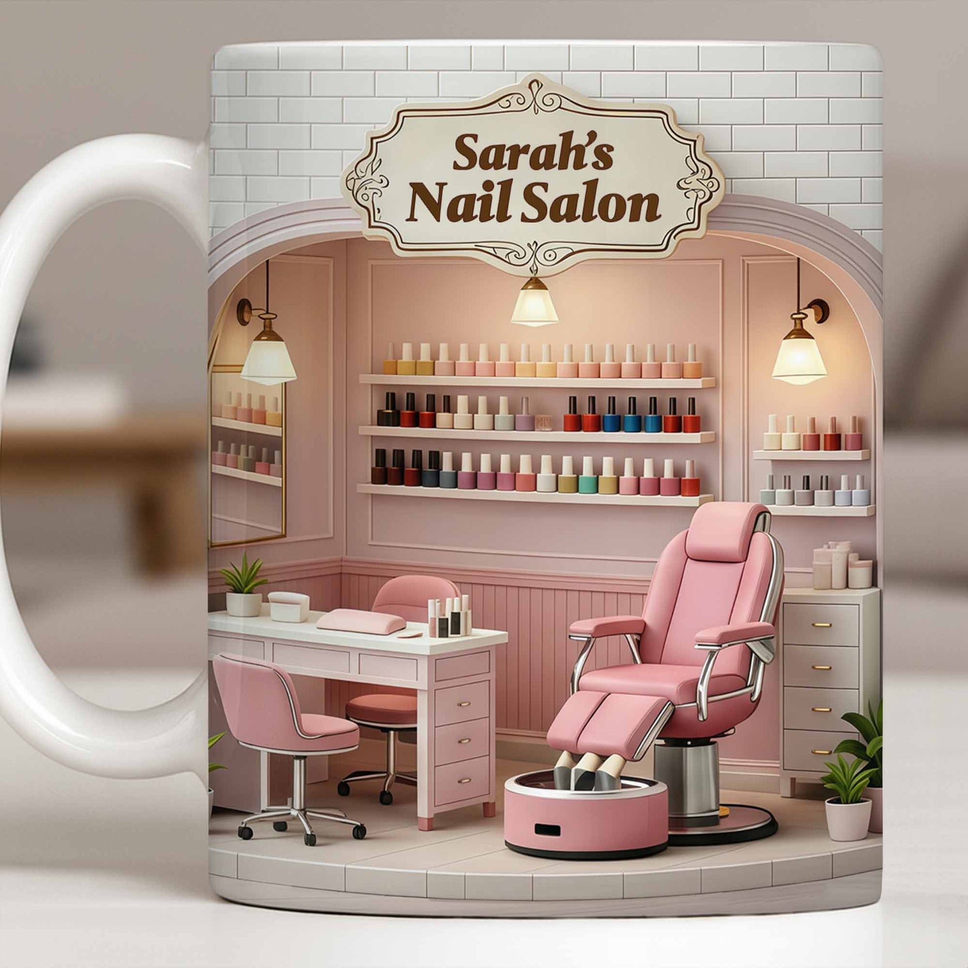 Nail Salon Custom Interior With Pink Pedicure Chair And Polish Shelves - Personalized Custom Coffee Mug - JBS152_MG