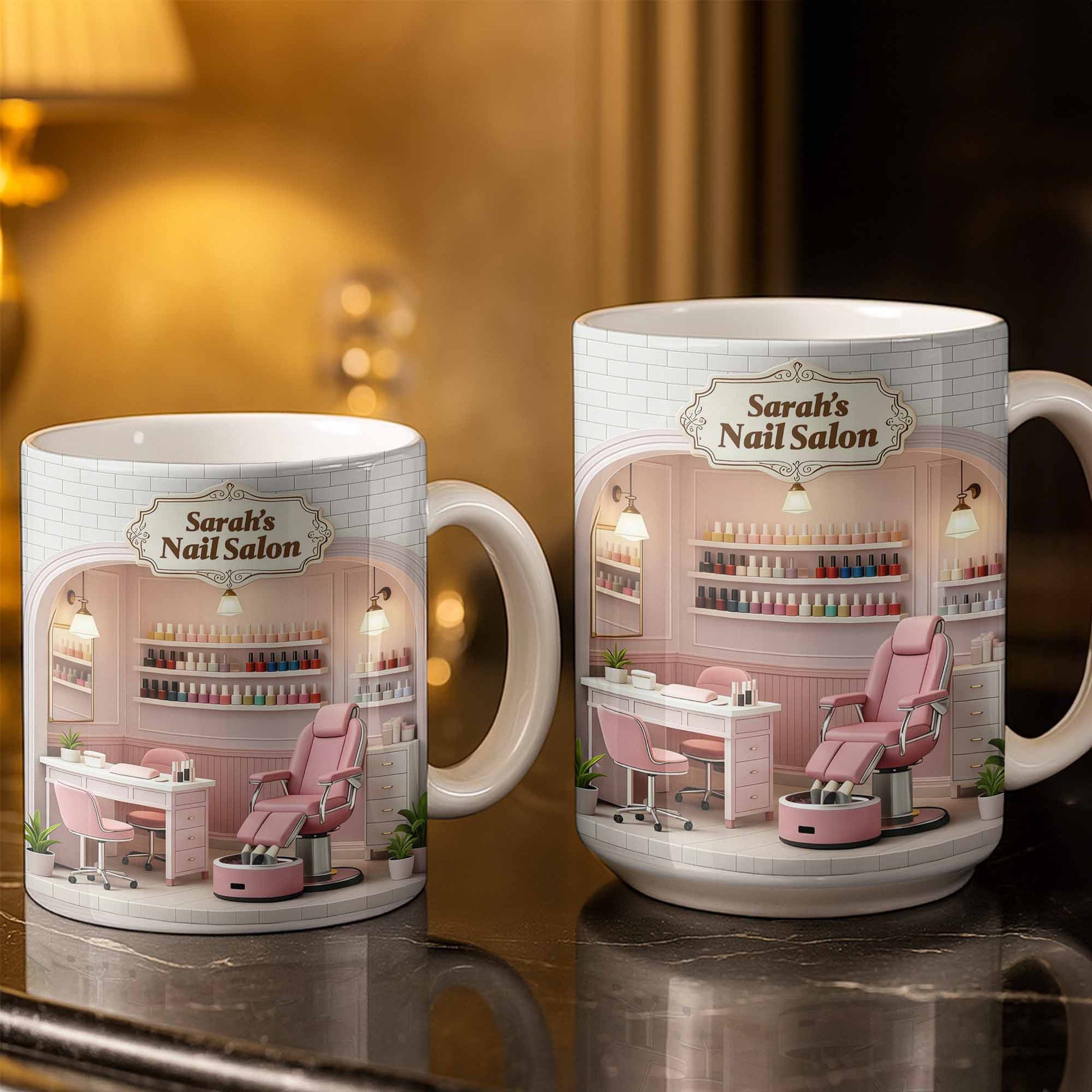 Nail Salon Custom Interior With Pink Pedicure Chair And Polish Shelves - Personalized Custom Coffee Mug - JBS152_MG
