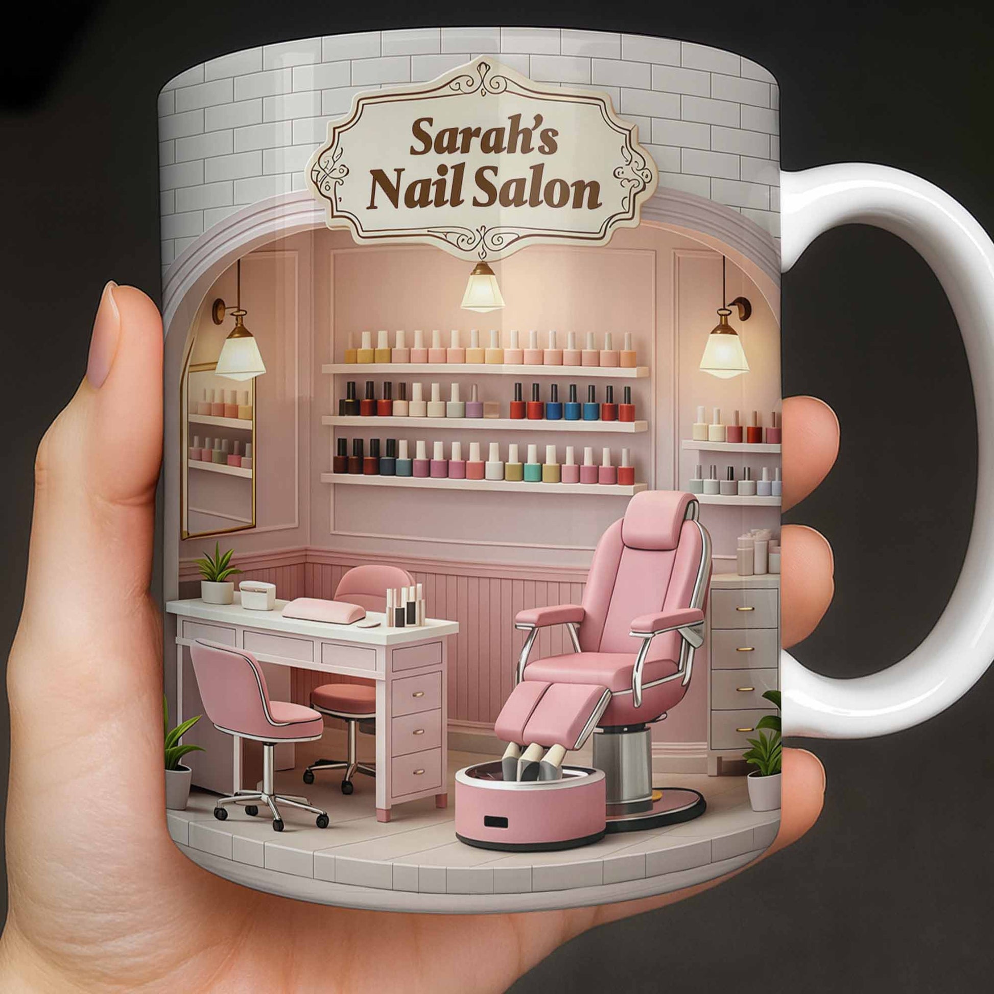 Nail Salon Custom Interior With Pink Pedicure Chair And Polish Shelves - Personalized Custom Coffee Mug - JBS152_MG