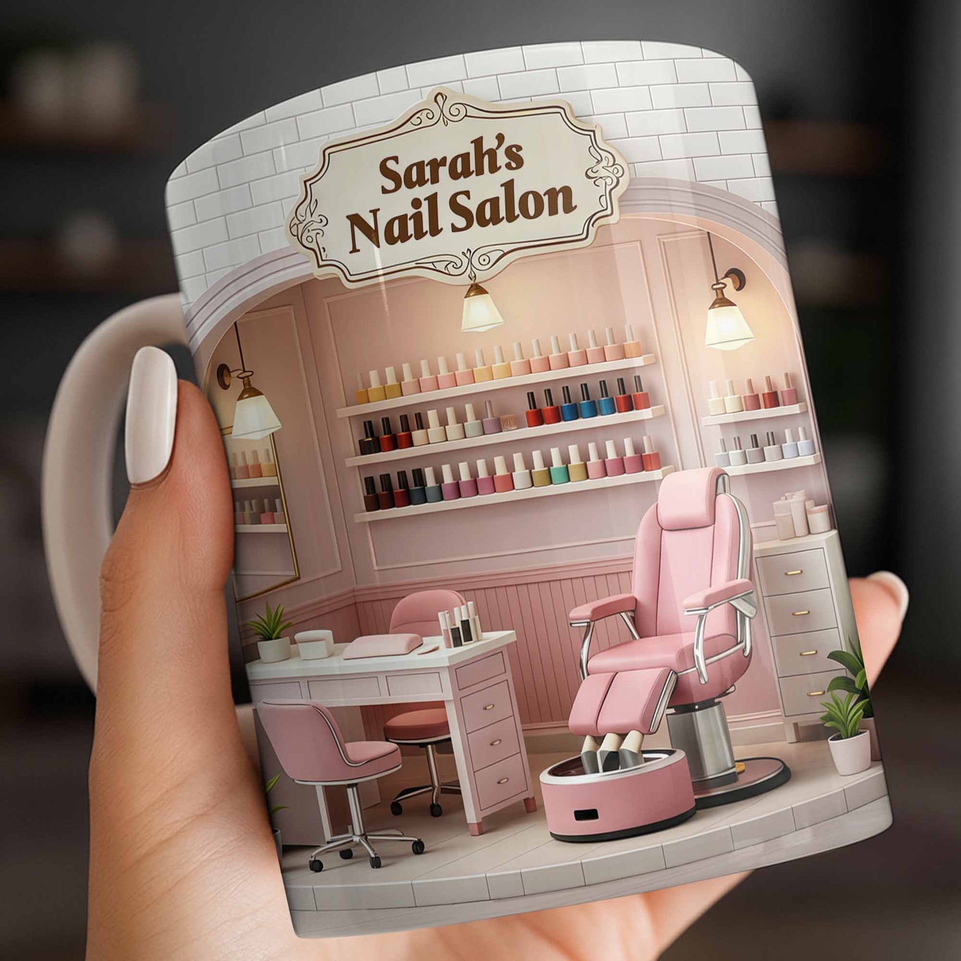 Nail Salon Custom Interior With Pink Pedicure Chair And Polish Shelves - Personalized Custom Coffee Mug - JBS152_MG