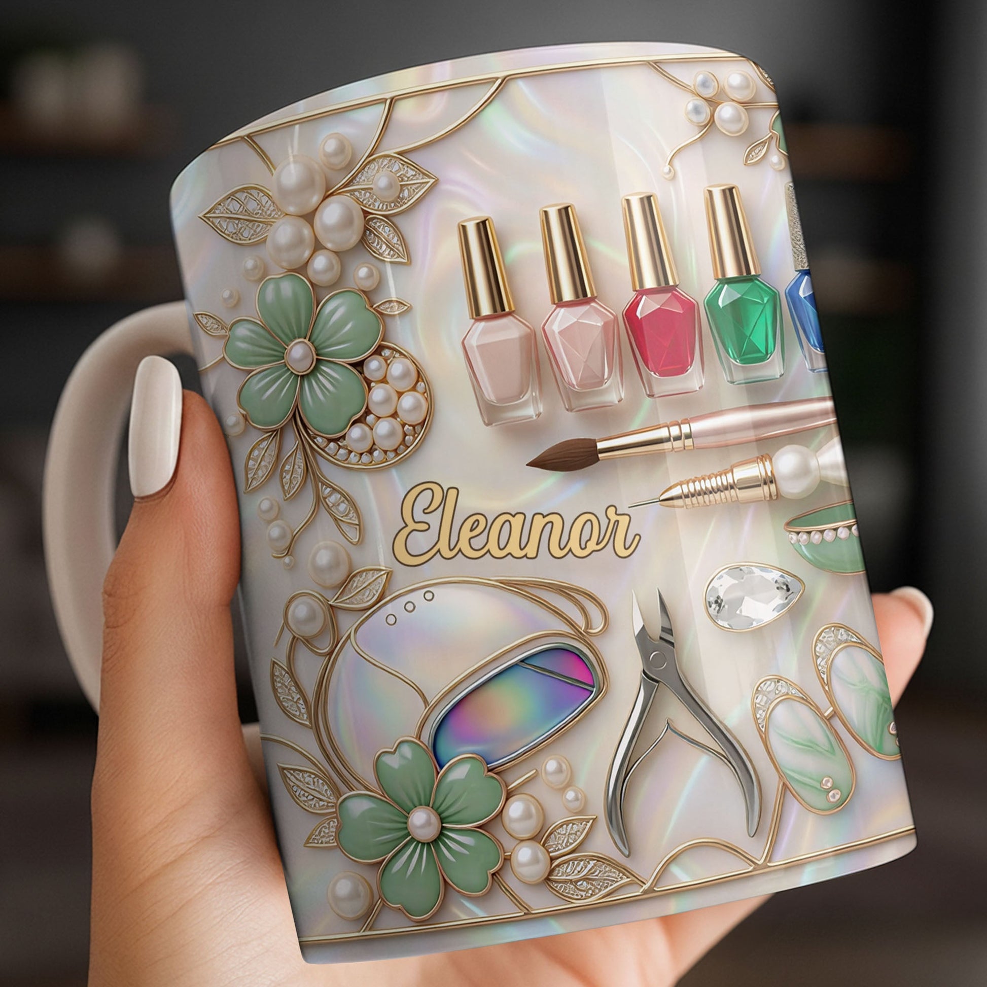 Nail Artist Life With Pearl Mosaic Flowers And Nail Tech Tools - Personalized Custom Coffee Mug - JBS183_MG