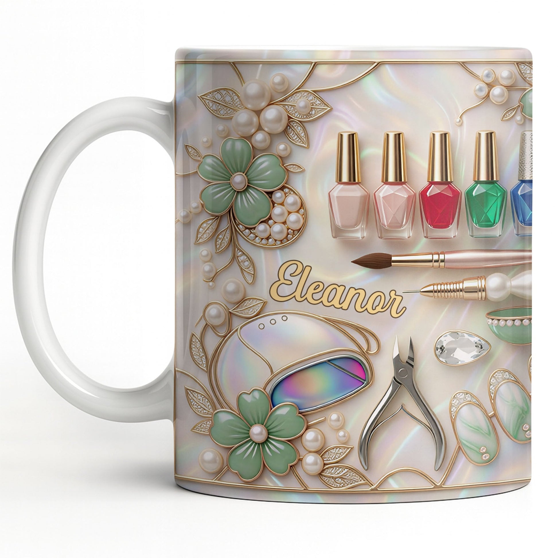 Nail Artist Life With Pearl Mosaic Flowers And Nail Tech Tools - Personalized Custom Coffee Mug - JBS183_MG
