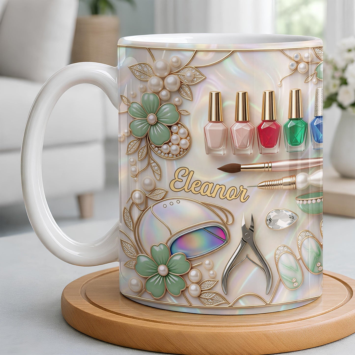 Nail Artist Life With Pearl Mosaic Flowers And Nail Tech Tools - Personalized Custom Coffee Mug - JBS183_MG