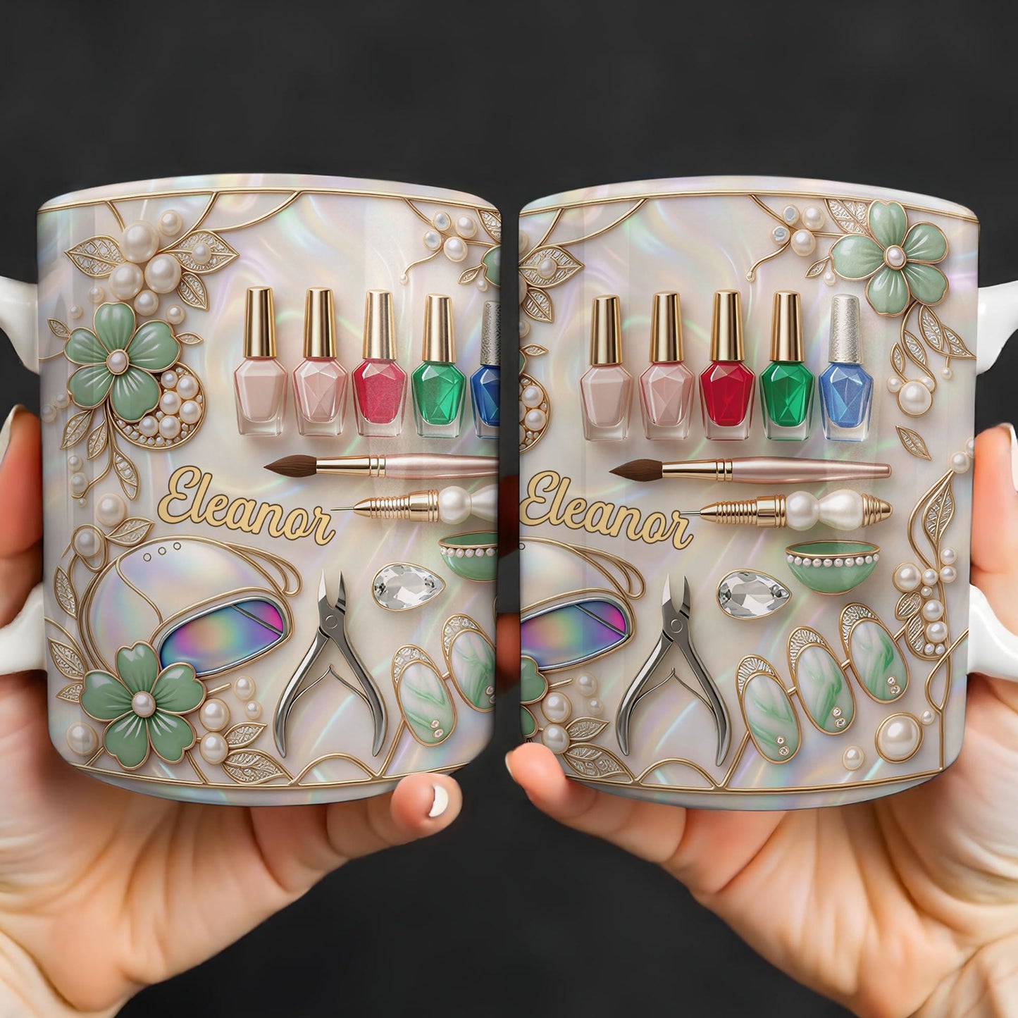 Nail Artist Life With Pearl Mosaic Flowers And Nail Tech Tools - Personalized Custom Coffee Mug - JBS183_MG