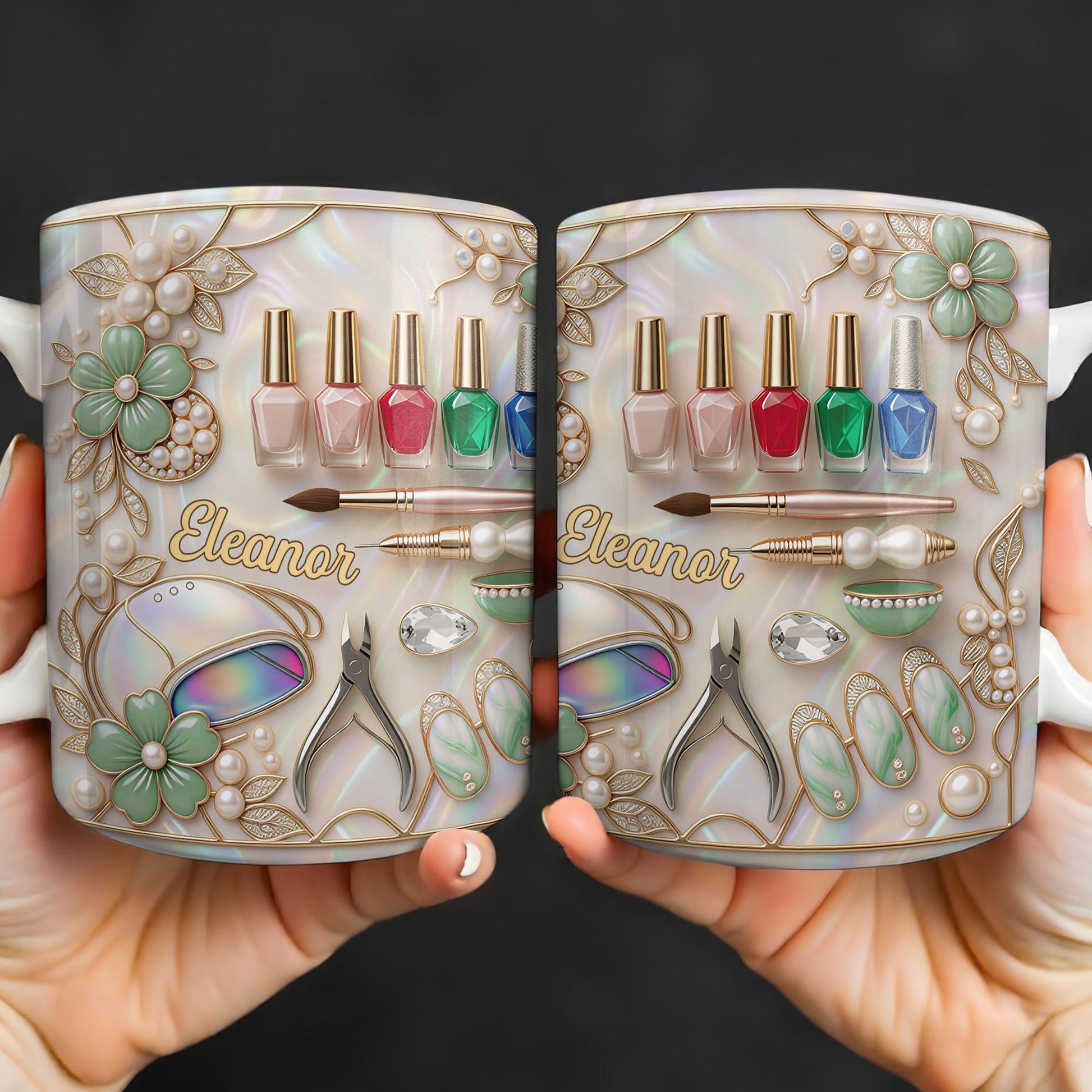 Nail Artist Life With Pearl Mosaic Flowers And Nail Tech Tools - Personalized Custom Coffee Mug - JBS183_MG