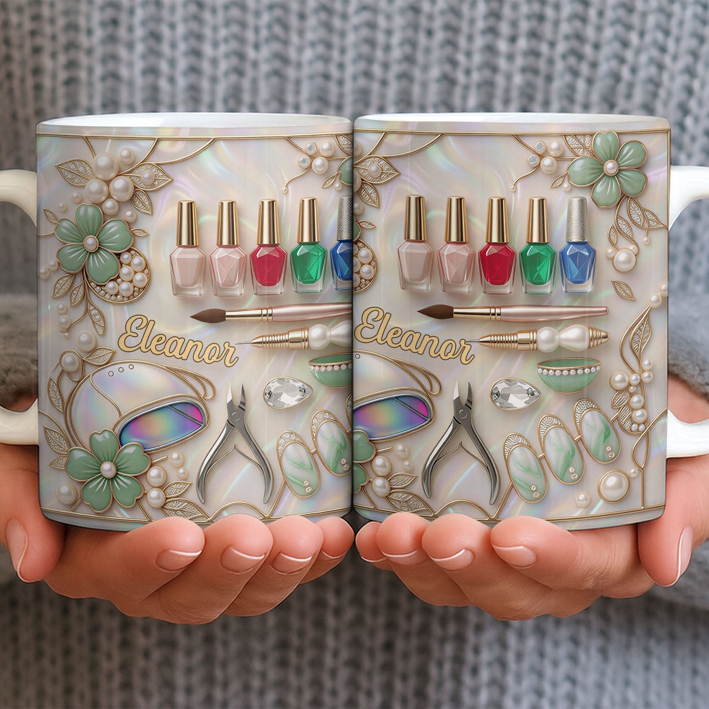 Nail Artist Life With Pearl Mosaic Flowers And Nail Tech Tools - Personalized Custom Coffee Mug - JBS183_MG