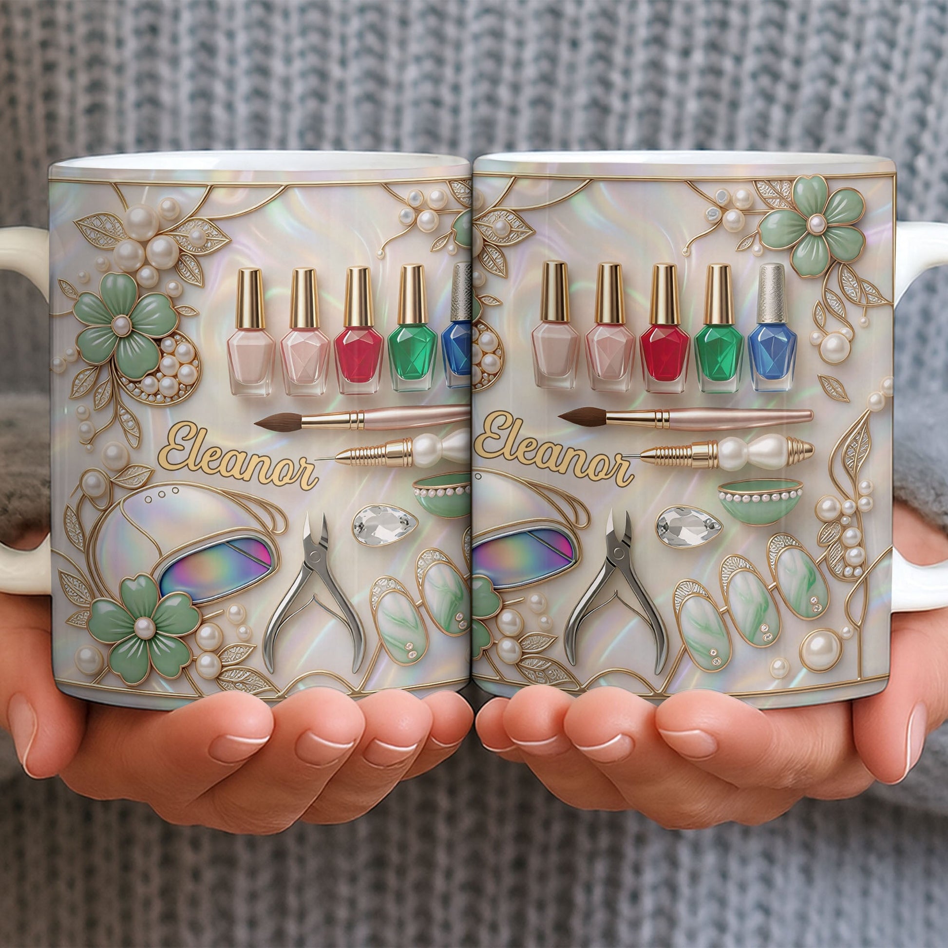 Nail Artist Life With Pearl Mosaic Flowers And Nail Tech Tools - Personalized Custom Coffee Mug - JBS183_MG