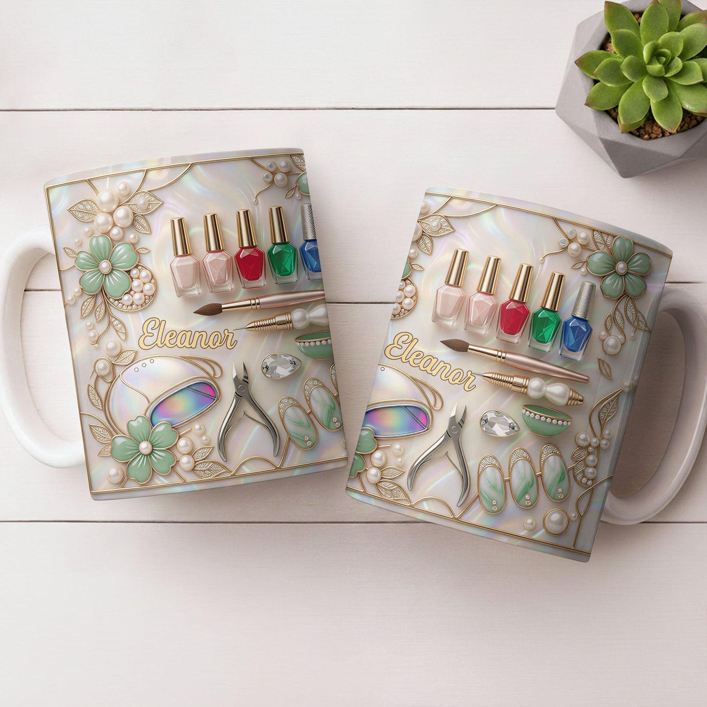 Nail Artist Life With Pearl Mosaic Flowers And Nail Tech Tools - Personalized Custom Coffee Mug - JBS183_MG