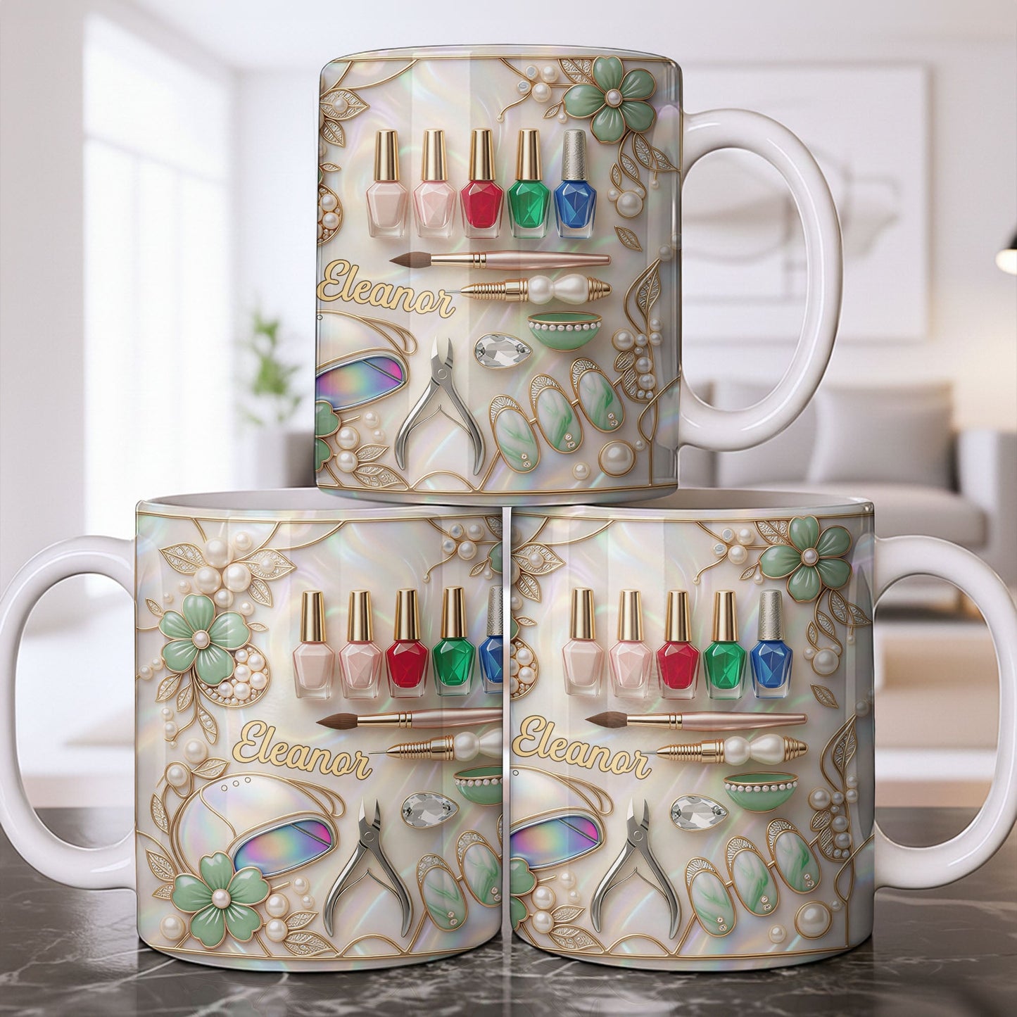 Nail Artist Life With Pearl Mosaic Flowers And Nail Tech Tools - Personalized Custom Coffee Mug - JBS183_MG