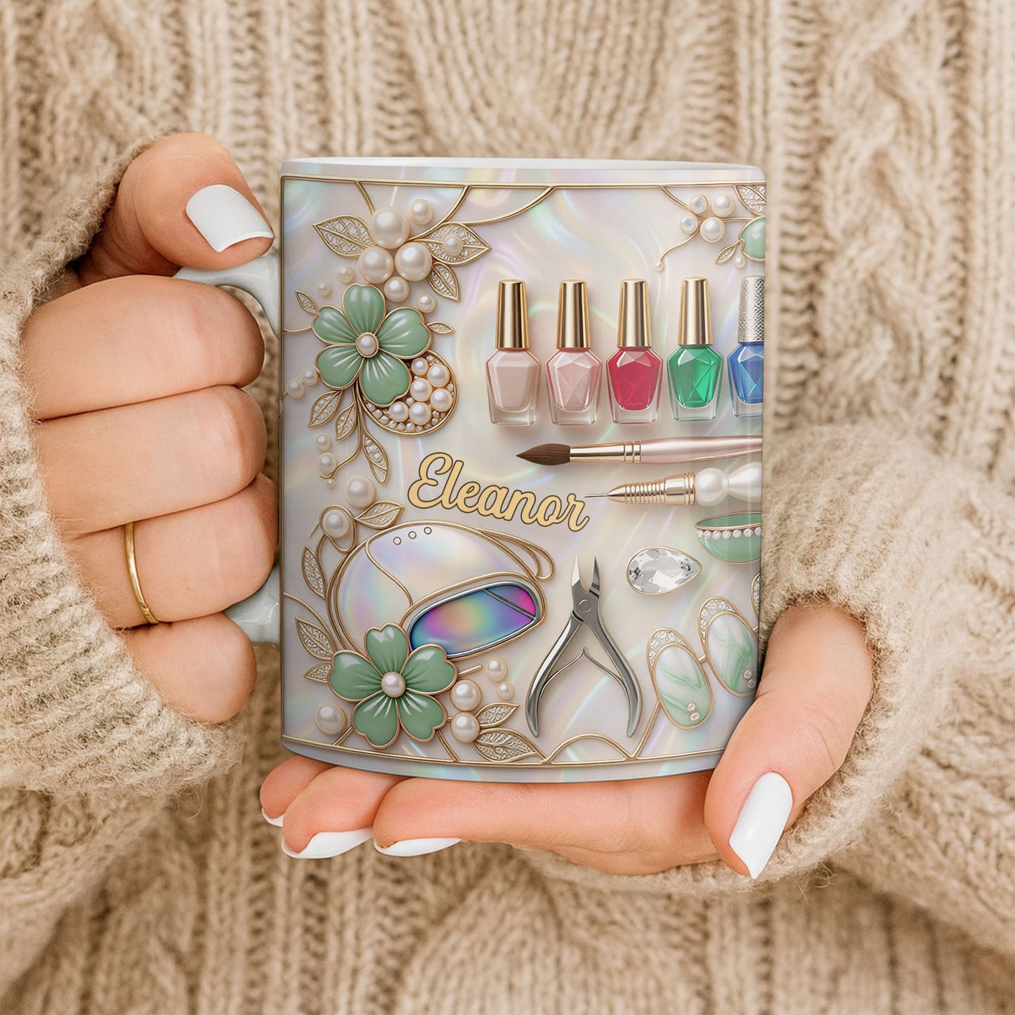 Nail Artist Life With Pearl Mosaic Flowers And Nail Tech Tools - Personalized Custom Coffee Mug - JBS183_MG
