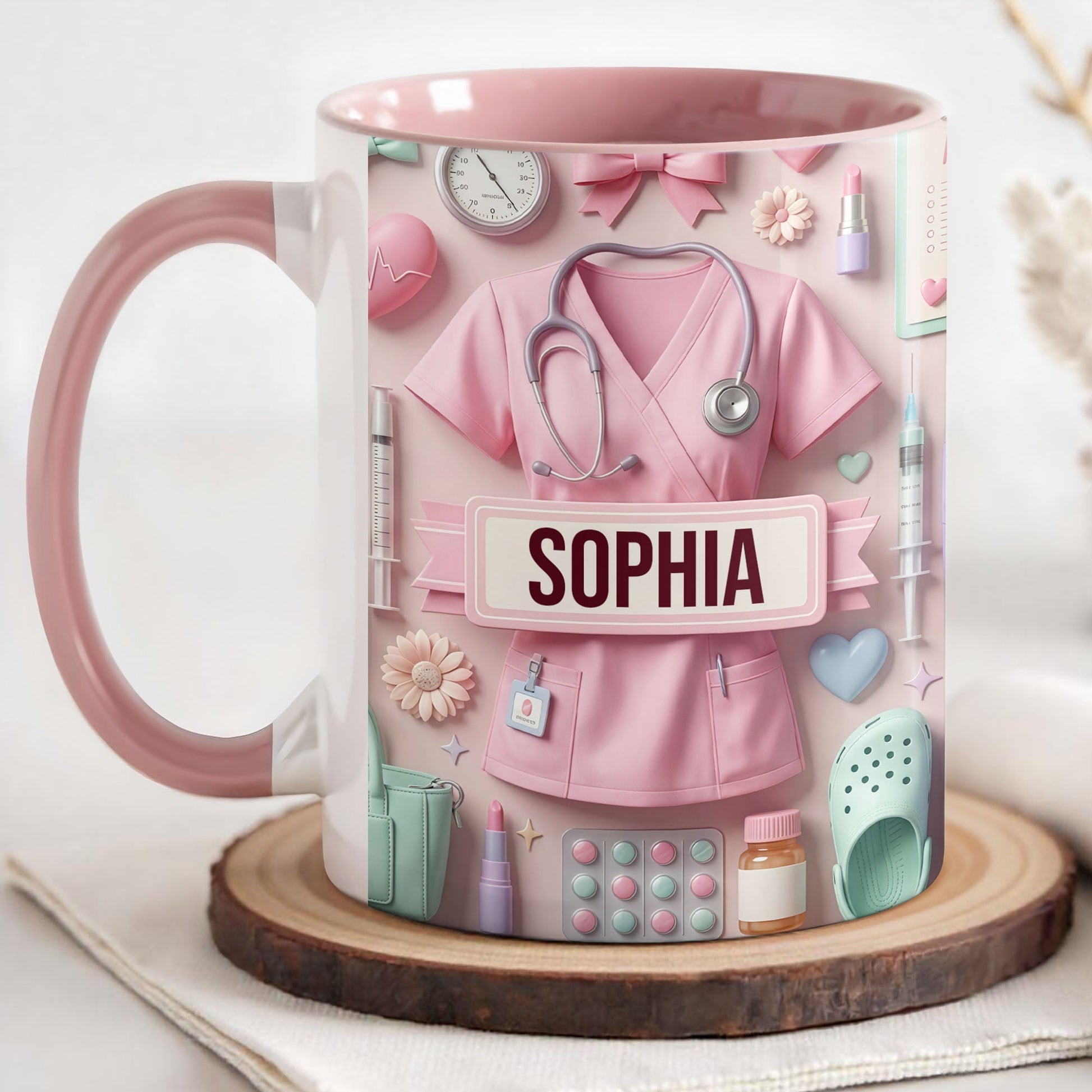Cute Nursing Essentials Pink Scrubs And Medical Icons - Personalized Custom Accent Mug - NUR058_AMUG