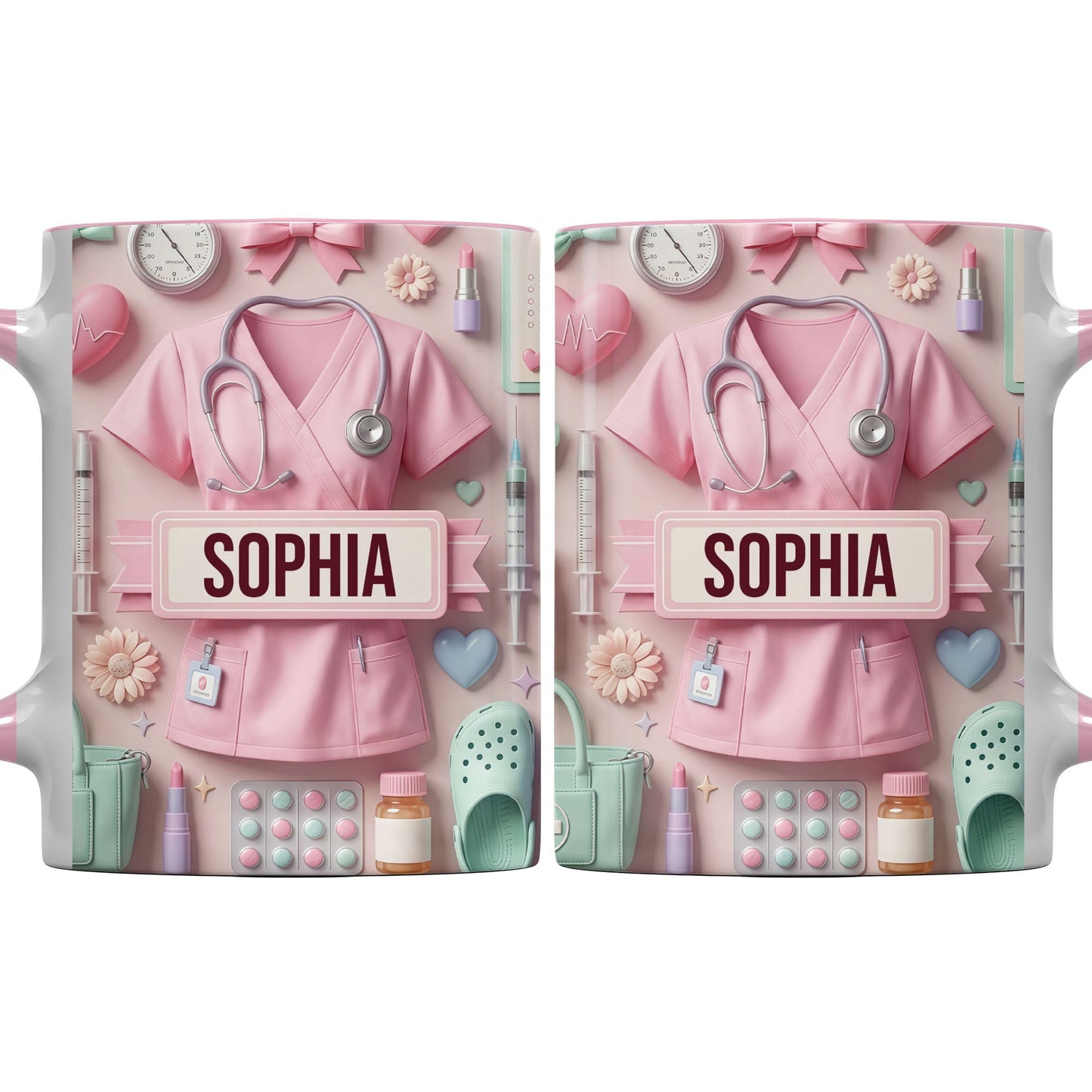 Cute Nursing Essentials Pink Scrubs And Medical Icons - Personalized Custom Accent Mug - NUR058_AMUG