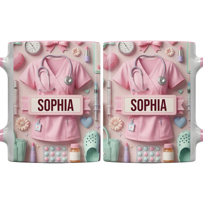 Cute Nursing Essentials Pink Scrubs And Medical Icons - Personalized Custom Accent Mug - NUR058_AMUG
