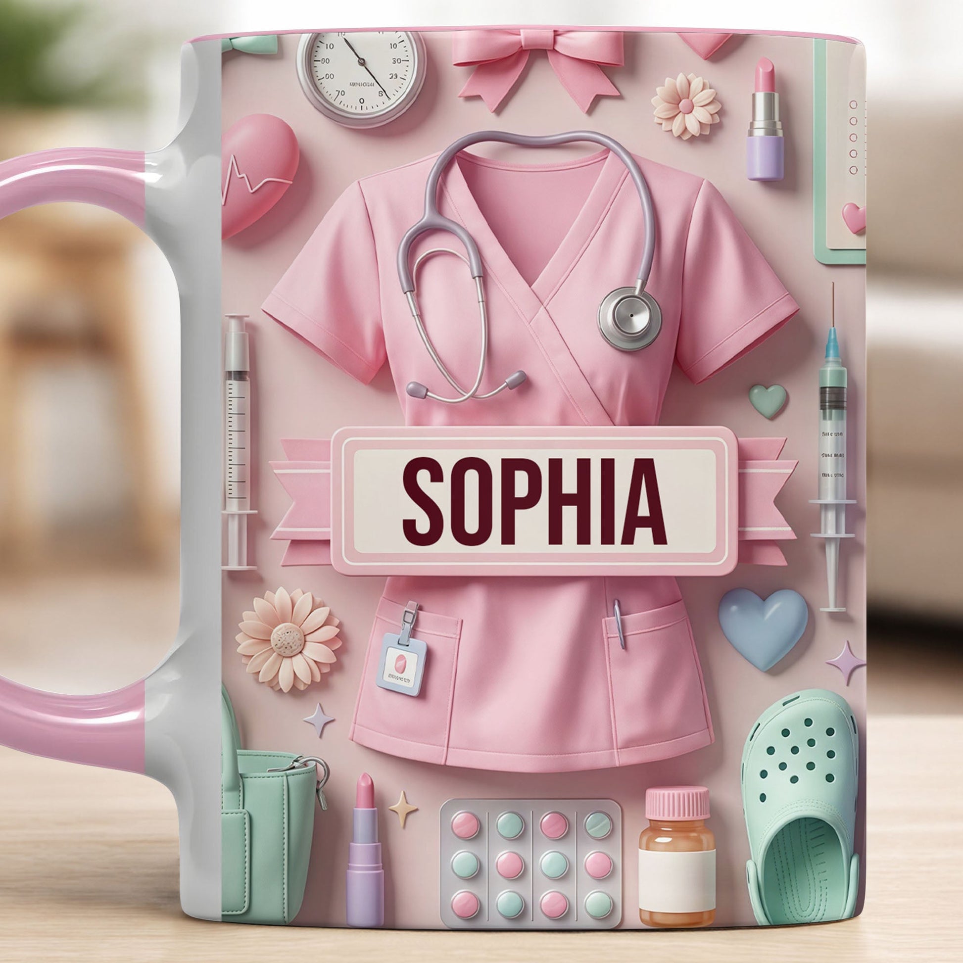 Cute Nursing Essentials Pink Scrubs And Medical Icons - Personalized Custom Accent Mug - NUR058_AMUG