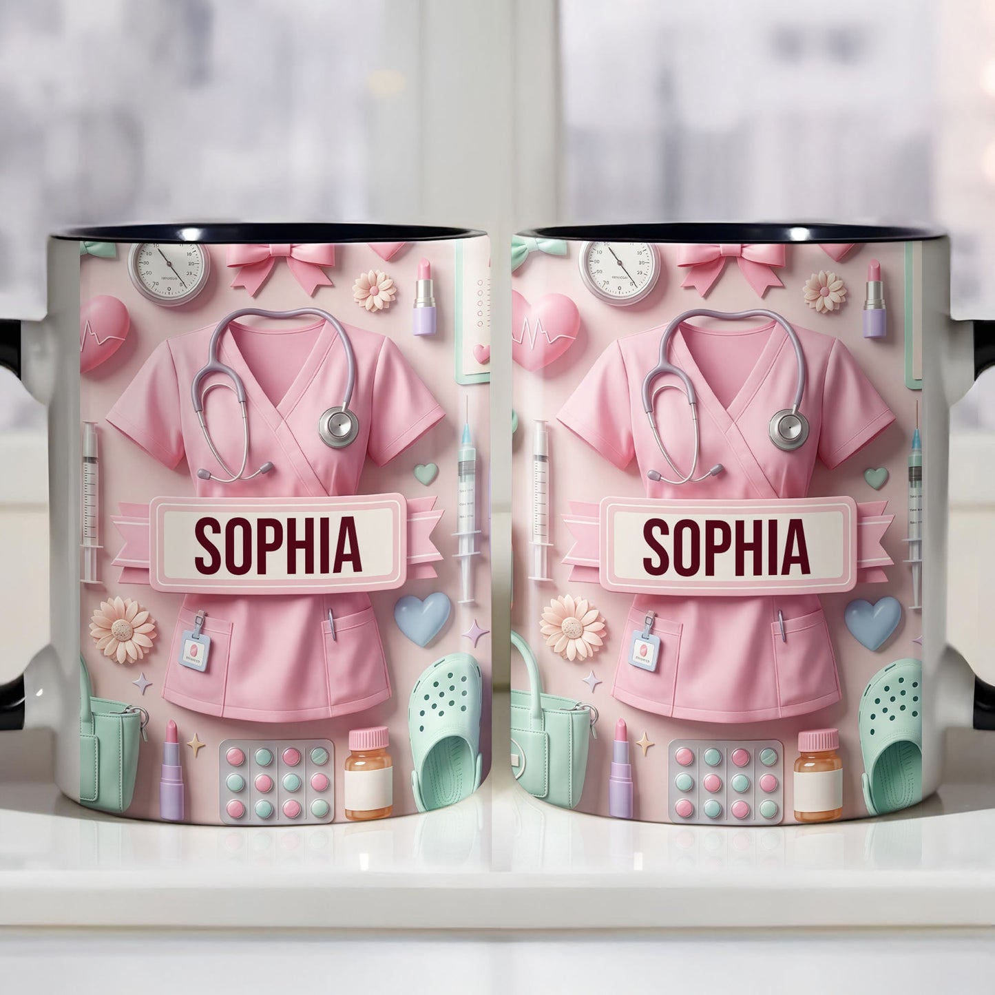 Cute Nursing Essentials Pink Scrubs And Medical Icons - Personalized Custom Accent Mug - NUR058_AMUG