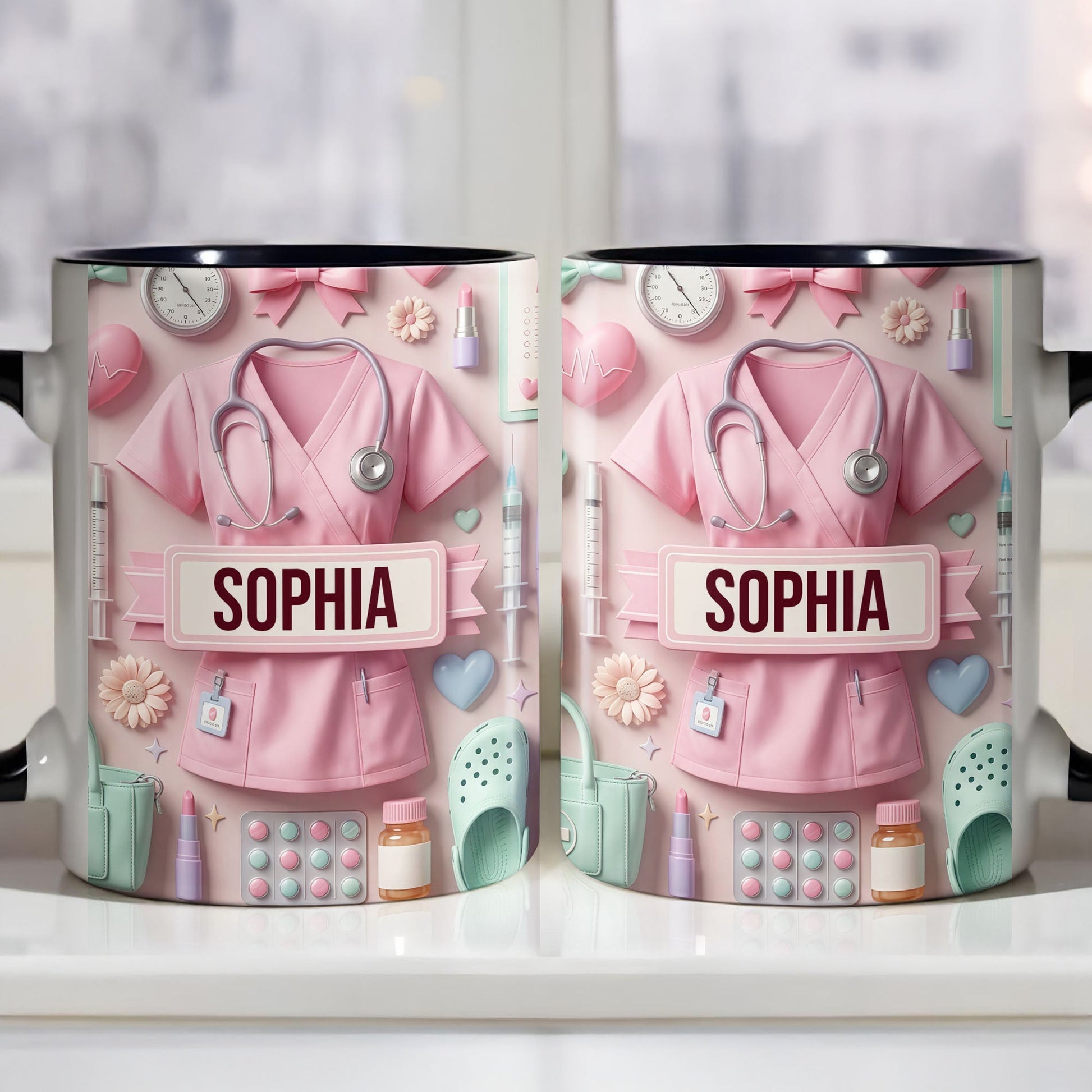 Cute Nursing Essentials Pink Scrubs And Medical Icons - Personalized Custom Accent Mug - NUR058_AMUG