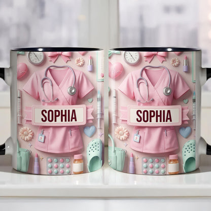 Cute Nursing Essentials Pink Scrubs And Medical Icons - Personalized Custom Accent Mug - NUR058_AMUG