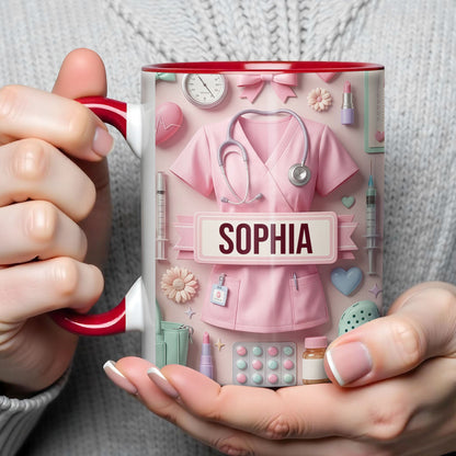 Cute Nursing Essentials Pink Scrubs And Medical Icons - Personalized Custom Accent Mug - NUR058_AMUG