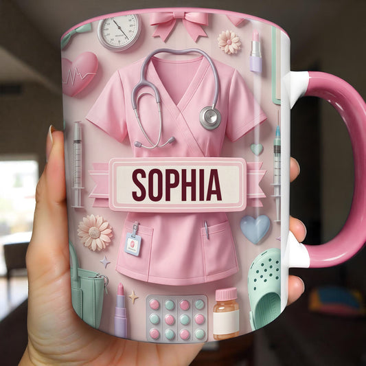 Cute Nursing Essentials Pink Scrubs And Medical Icons - Personalized Custom Accent Mug - NUR058_AMUG