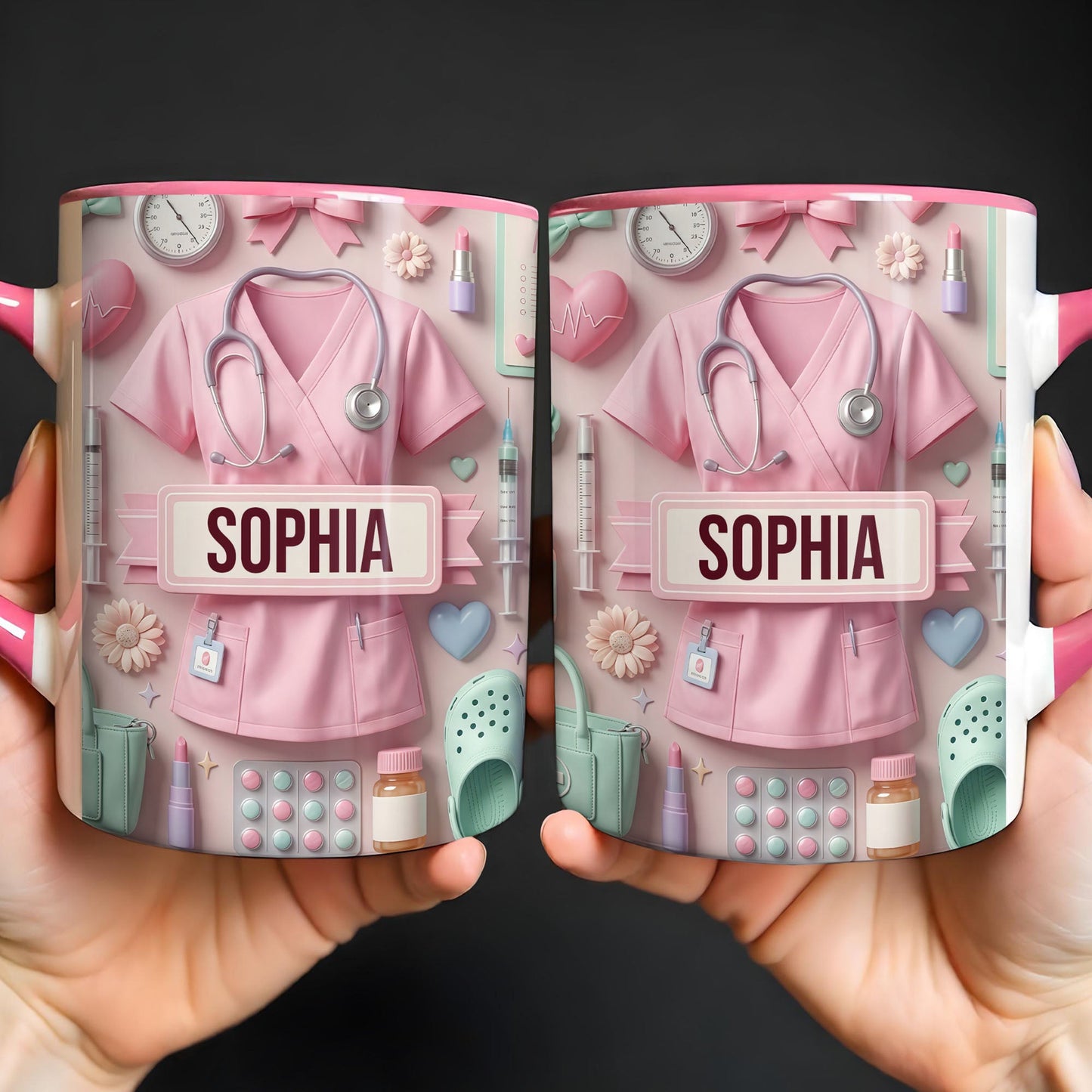 Cute Nursing Essentials Pink Scrubs And Medical Icons - Personalized Custom Accent Mug - NUR058_AMUG