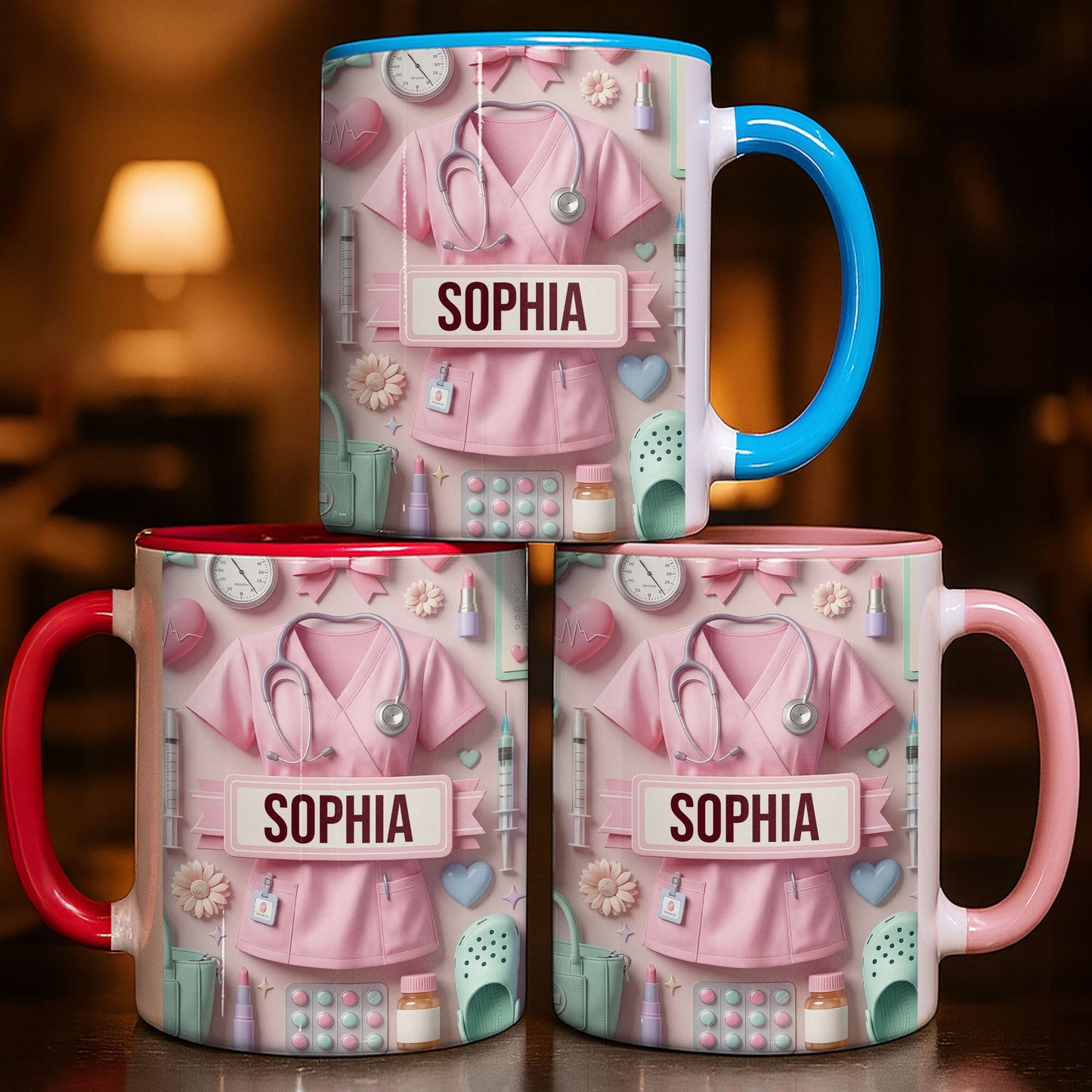Cute Nursing Essentials Pink Scrubs And Medical Icons - Personalized Custom Accent Mug - NUR058_AMUG