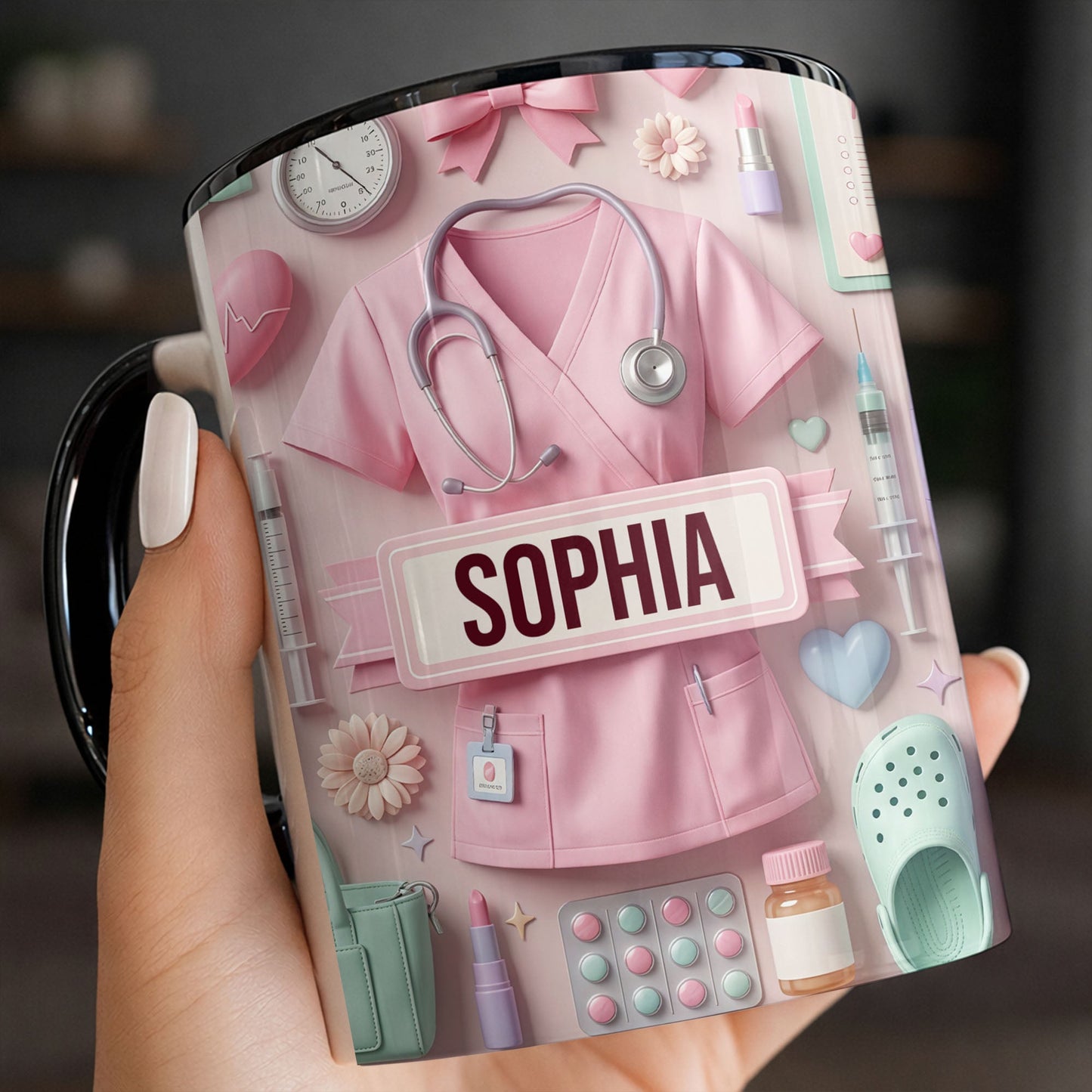 Cute Nursing Essentials Pink Scrubs And Medical Icons - Personalized Custom Accent Mug - NUR058_AMUG